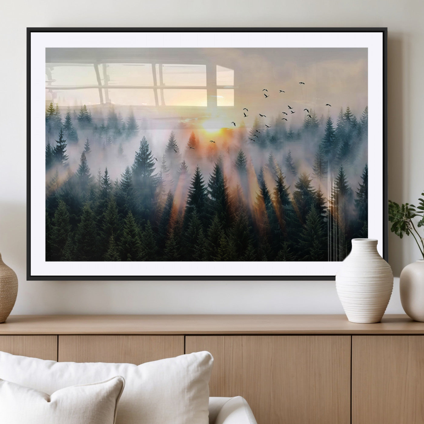 56391411-MGV-CV-36X24-Misty Forest Wall Art Canvas Print, Framed Sunrise Pines Art Picture Print, Moody Pines Perfect Serene Woodland Decor Artwork