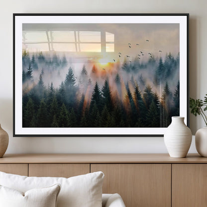 56391411-MGV-CV-36X24-Misty Forest Wall Art Canvas Print, Framed Sunrise Pines Art Picture Print, Moody Pines Perfect Serene Woodland Decor Artwork