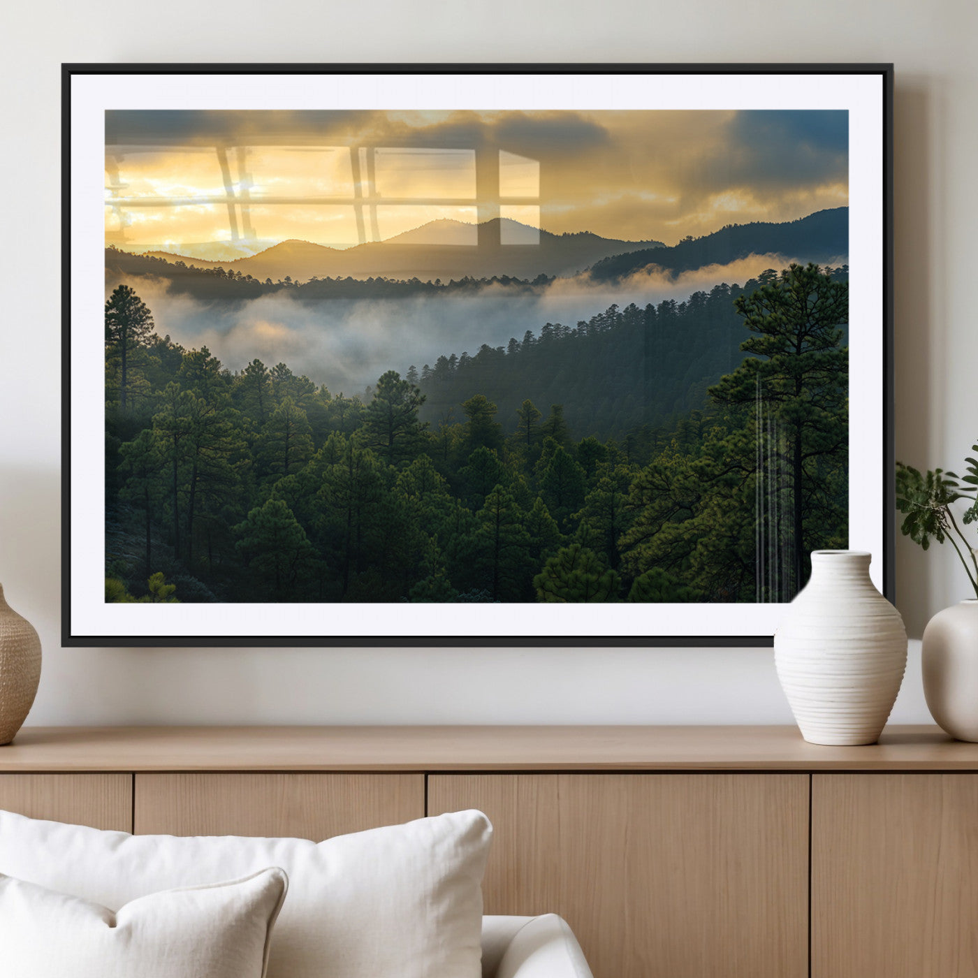 68082278-MGV-CV-36X24-Mountain Sunrise Wall Art Canvas Print, Framed Pine Forest Art Picture Print, Misty Mountains Perfect Earthy Woodland Decor
