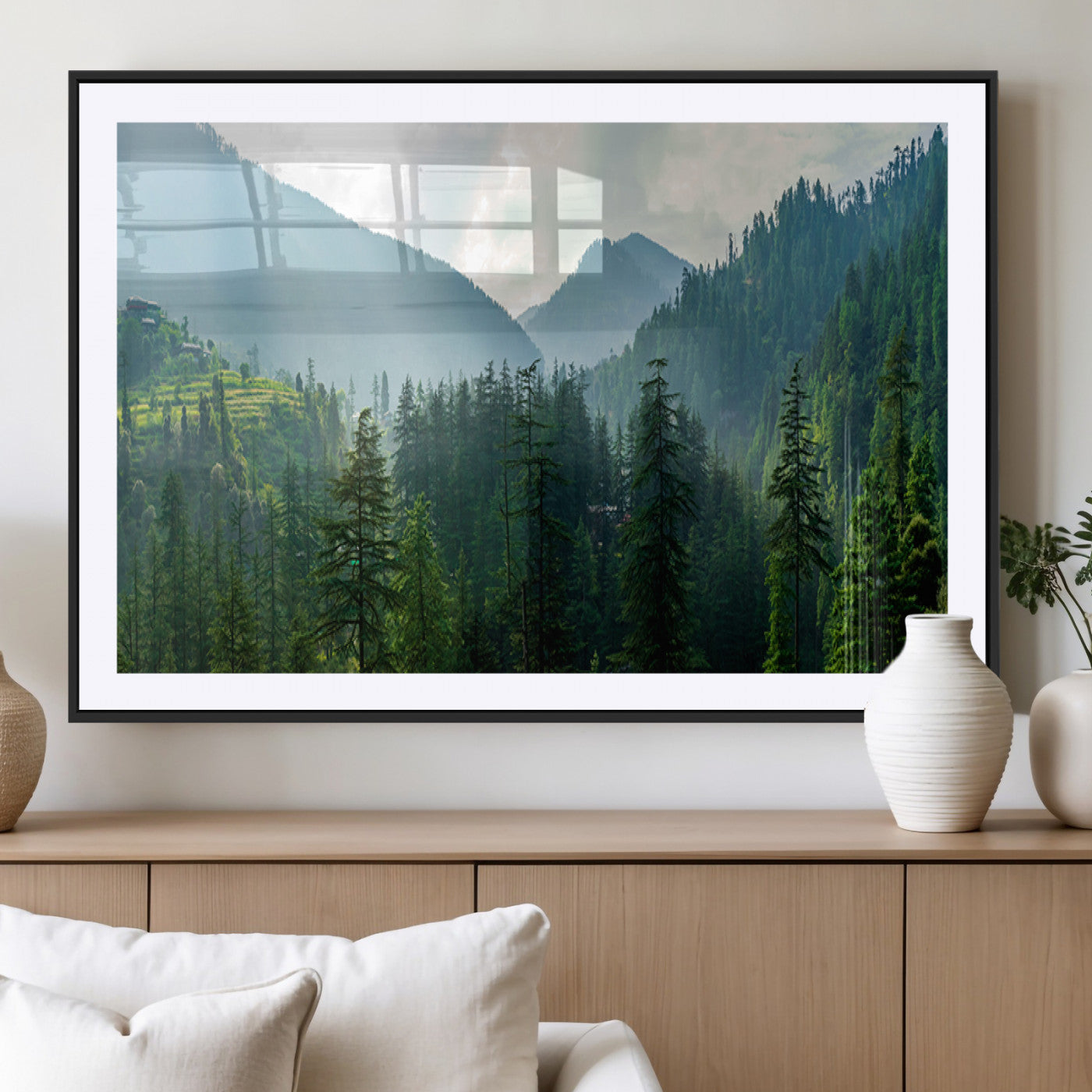83417191-MGV-CV-36X24-Misty Mountain Forest Wall Art – Pine Tree Landscape Canvas Print, Nature Photography Panorama, Tranquil Green Forest Décor for