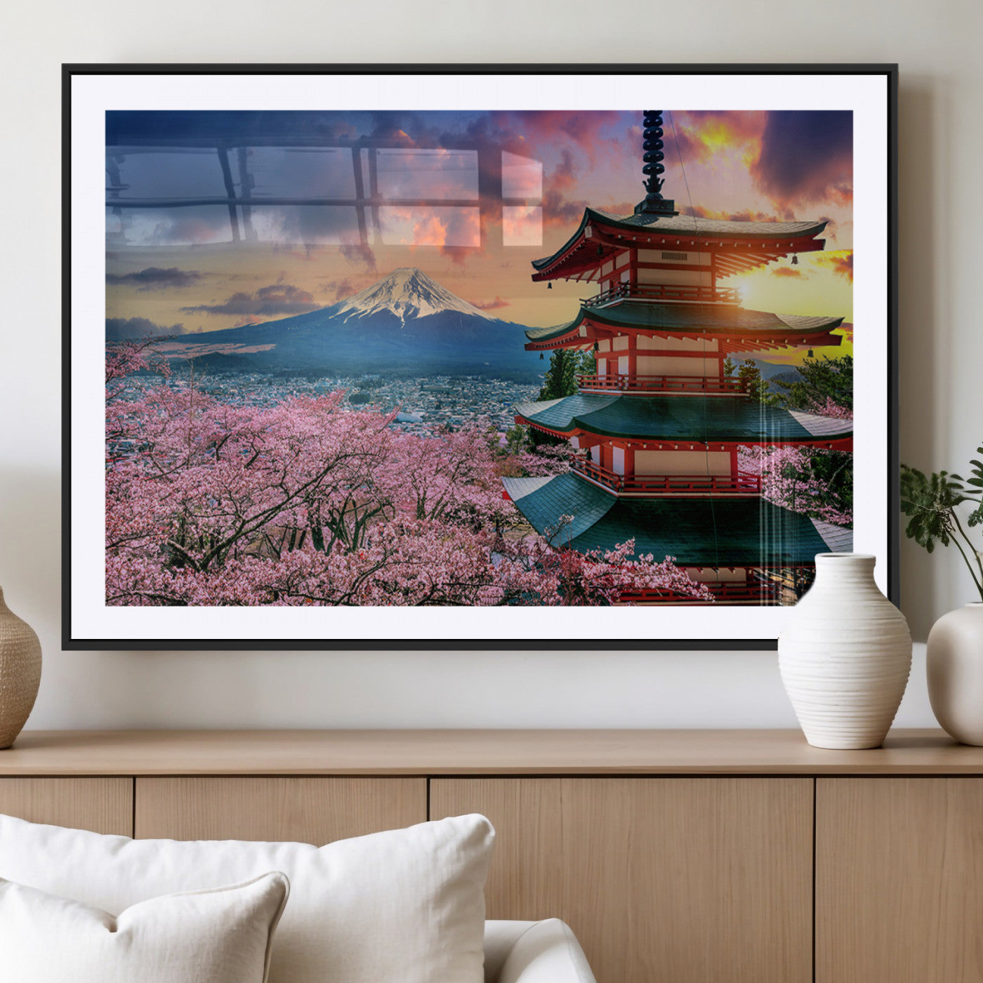 32331262-MGC-FP-36x24_Black-Mount Fuji Japan Wall Art – Cherry Blossom Landscape Canvas Print, Chureito Pagoda Sunset Photography, Japanese Nature Travel