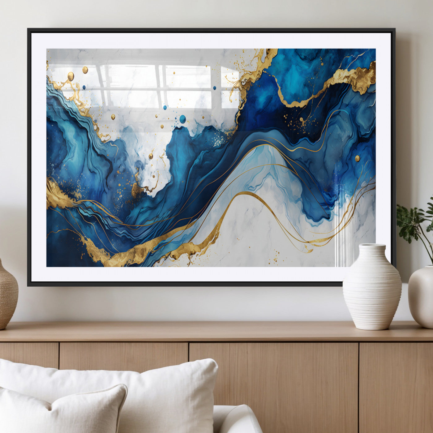 33506371-MGC-FP-36x24_Black-Blue Marble Wall Art Canvas Print, Framed Gold Splash Art Picture Print, Abstract Wave Perfect Modern Luxe Decor Artwork