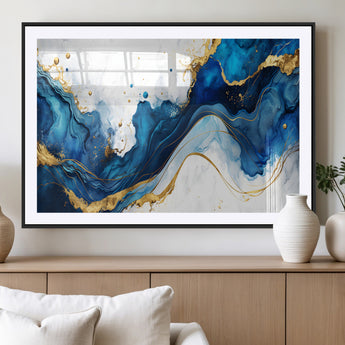 33506371-MGC-FP-36x24_Black-Blue Marble Wall Art Canvas Print, Framed Gold Splash Art Picture Print, Abstract Wave Perfect Modern Luxe Decor Artwork