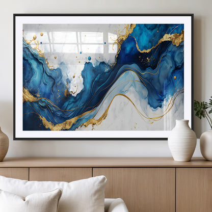 33506371-MGC-FP-36x24_Black-Blue Marble Wall Art Canvas Print, Framed Gold Splash Art Picture Print, Abstract Wave Perfect Modern Luxe Decor Artwork