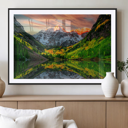 59533484-MGC-FP-36x24_Black-Maroon Bells Autumn Wall Art – Panoramic Mountain Landscape Canvas Print, Sunset Reflection Nature Artwork for Living Room, Office