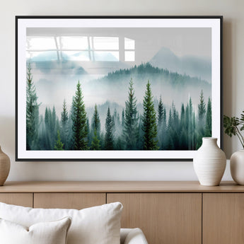 16716676-MGC-FP-36x24_Black-Pine Forest Wall Art Canvas Print, Framed Misty Mountains Art Picture Print, Foggy Trees Perfect Moody Forest Decor Artwork