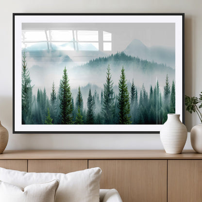 16716676-MGC-FP-36x24_Black-Pine Forest Wall Art Canvas Print, Framed Misty Mountains Art Picture Print, Foggy Trees Perfect Moody Forest Decor Artwork