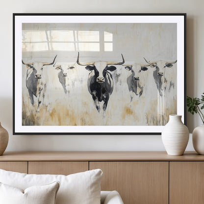 40397799-MGC-FP-36x24_Black-Texas Longhorn Wall Art Canvas Print, Framed Rustic Herd Art Picture Print, Western Bull Perfect Neutral Western Decor Artwork