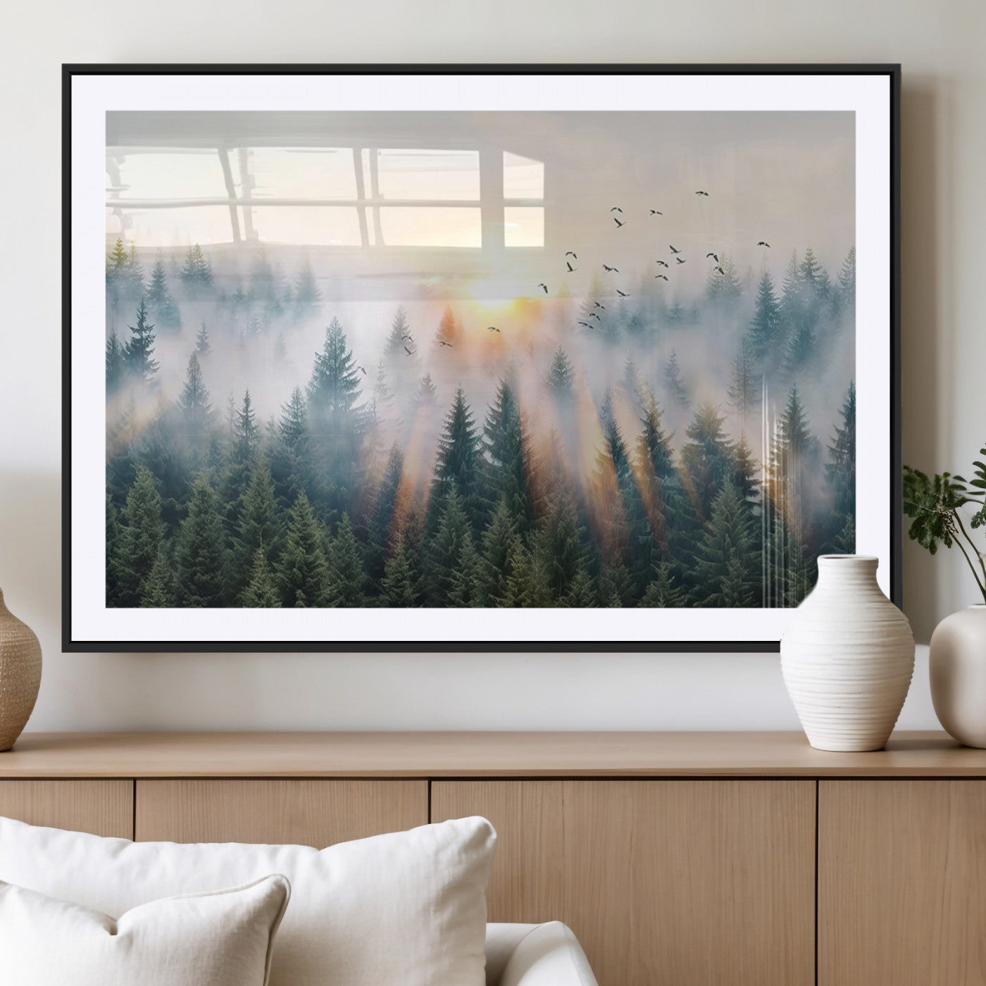 92718976-MGC-FP-36x24_Black-Misty Forest Wall Art Canvas Print, Framed Sunrise Pines Art Picture Print, Foggy Woodland Perfect Moody Woodland Decor Artwork
