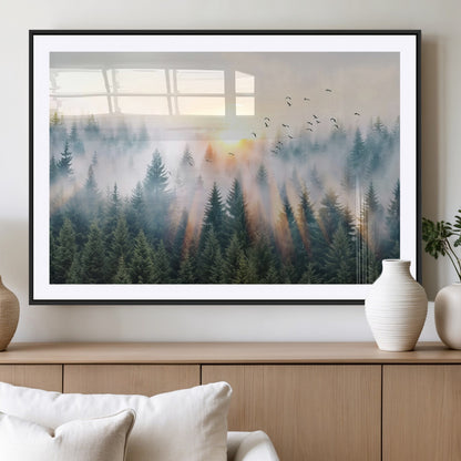 92718976-MGC-FP-36x24_Black-Misty Forest Wall Art Canvas Print, Framed Sunrise Pines Art Picture Print, Foggy Woodland Perfect Moody Woodland Decor Artwork