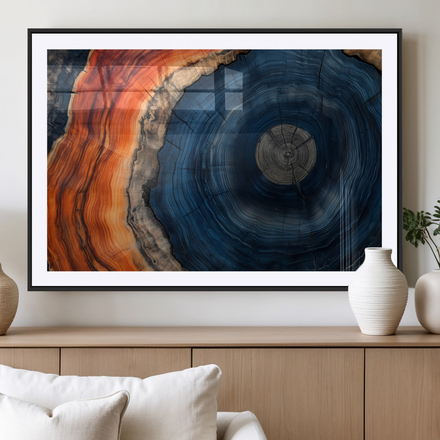 99491700-MGV-CV-36X24-Tree Ring Canvas Wall Art – Blue Orange Abstract Wood Grain Print, Rustic Modern Nature Artwork for Living Room, Office, Bedroom