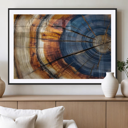 18032999-MGV-CV-36X24-Tree Ring Wall Art – Blue Brown Abstract Wood Slice Canvas Print, Rustic Modern Nature Decor for Living Room, Office, Bedroom or
