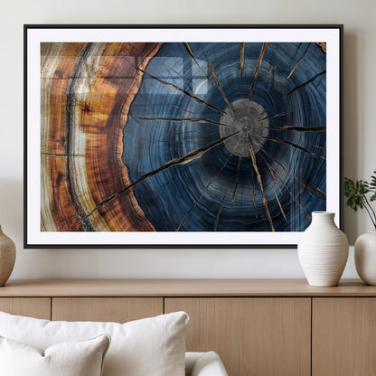 45268471-MGV-CV-36X24-Blue Tree Ring Wall Art – Rustic Wood Cross Section Canvas Print, Modern Abstract Nature Decor for Living Room, Office, or Cabin