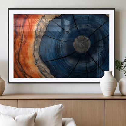 26110607-MGC-FP-36x24_Black-Blue and Orange Tree Ring Wall Art – Abstract Wood Cross Section Canvas Print, Modern Rustic Nature Decor for Living Room, Office,
