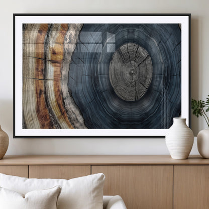 91368647-MGC-FP-36x24_Black-Smoky Blue Tree Ring Wall Art – Rustic Wood Cross Section Canvas Print, Modern Nature Inspired Decor for Living Room, Office, or