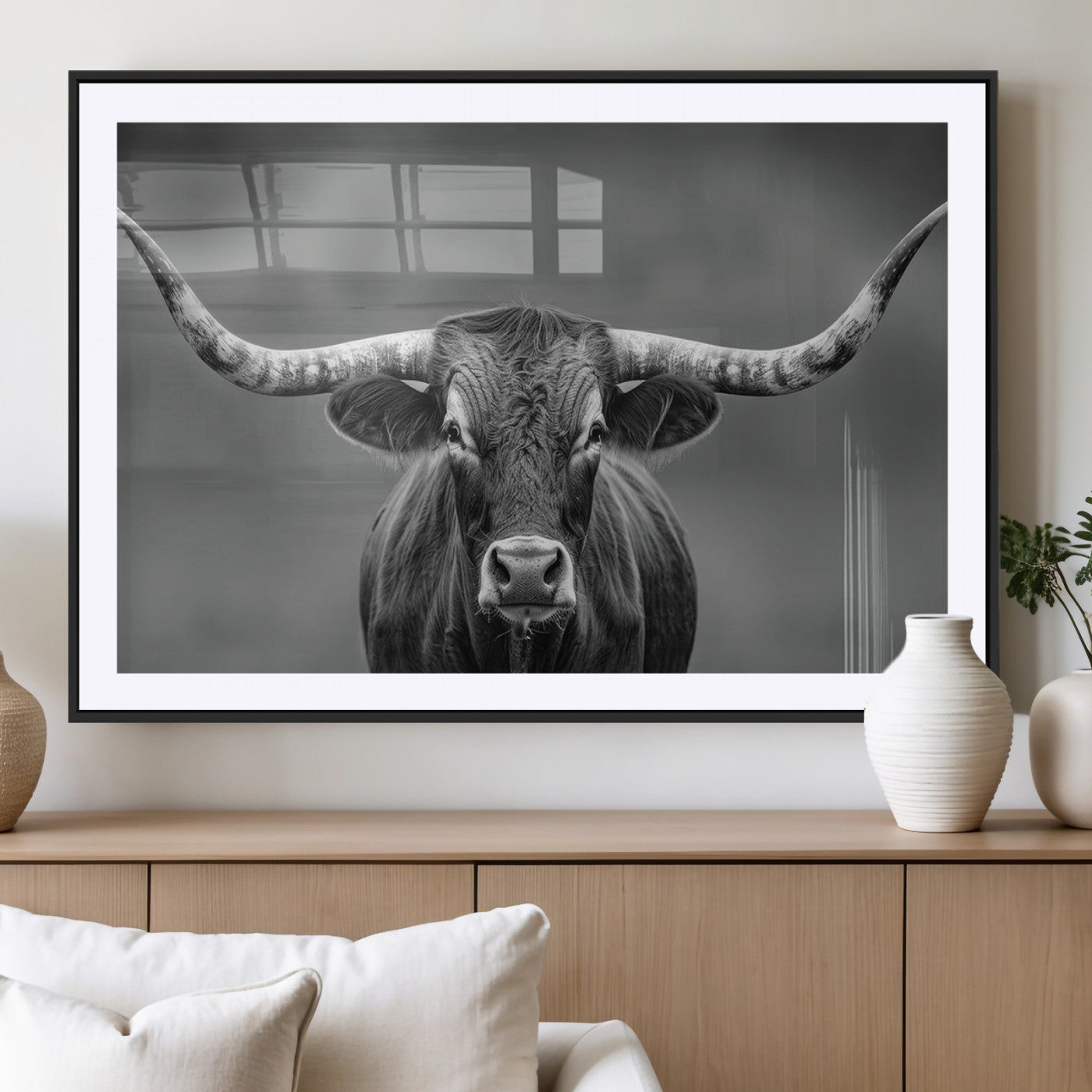 81228550-MGV-CV-36X24-Framed Texas Longhorn Bull Art Canvas Print, Western Bull Wall Art Print, Long Horn Bull Photo Print for Log Cabin, Large Bull