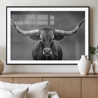 81228550-MGV-CV-36X24-Framed Texas Longhorn Bull Art Canvas Print, Western Bull Wall Art Print, Long Horn Bull Photo Print for Log Cabin, Large Bull