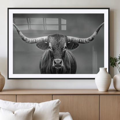 81228550-MGV-CV-36X24-Framed Texas Longhorn Bull Art Canvas Print, Western Bull Wall Art Print, Long Horn Bull Photo Print for Log Cabin, Large Bull