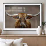 12179171-MGV-CV-36X24-Texas Longhorn Wall Art Canvas Print, Framed Brown Bull Art Picture Print, Lone Cattle Perfect Rustic Western Decor Artwork