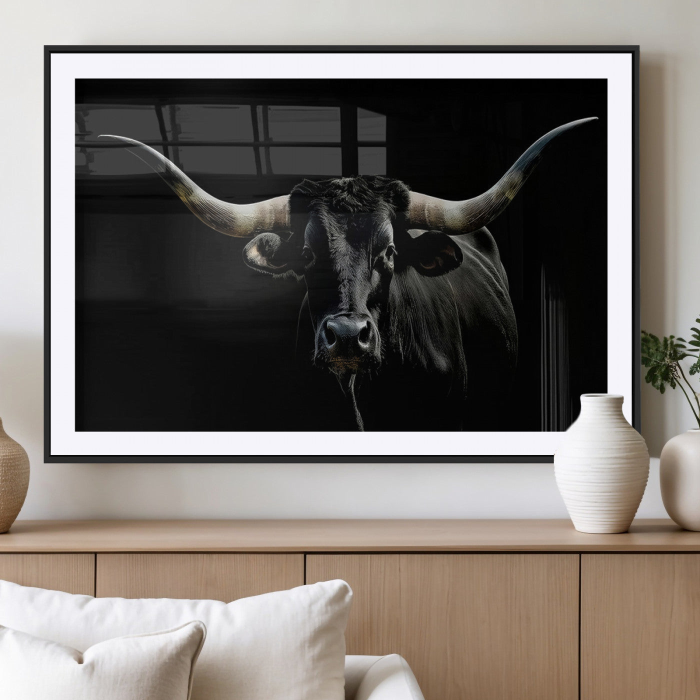 37531960-MGC-FP-36x24_Black-Black Longhorn Bull Wall Art – Dramatic Western Cattle Canvas Print, Rustic Farmhouse Animal Artwork for Living Room, Bedroom,