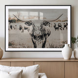 27497342-MGV-CV-36X24-Texas Longhorn Wall Art Canvas Print, Framed Speckled Cow Art Picture Print, Horned Cattle Perfect Rustic Western Decor Artwork