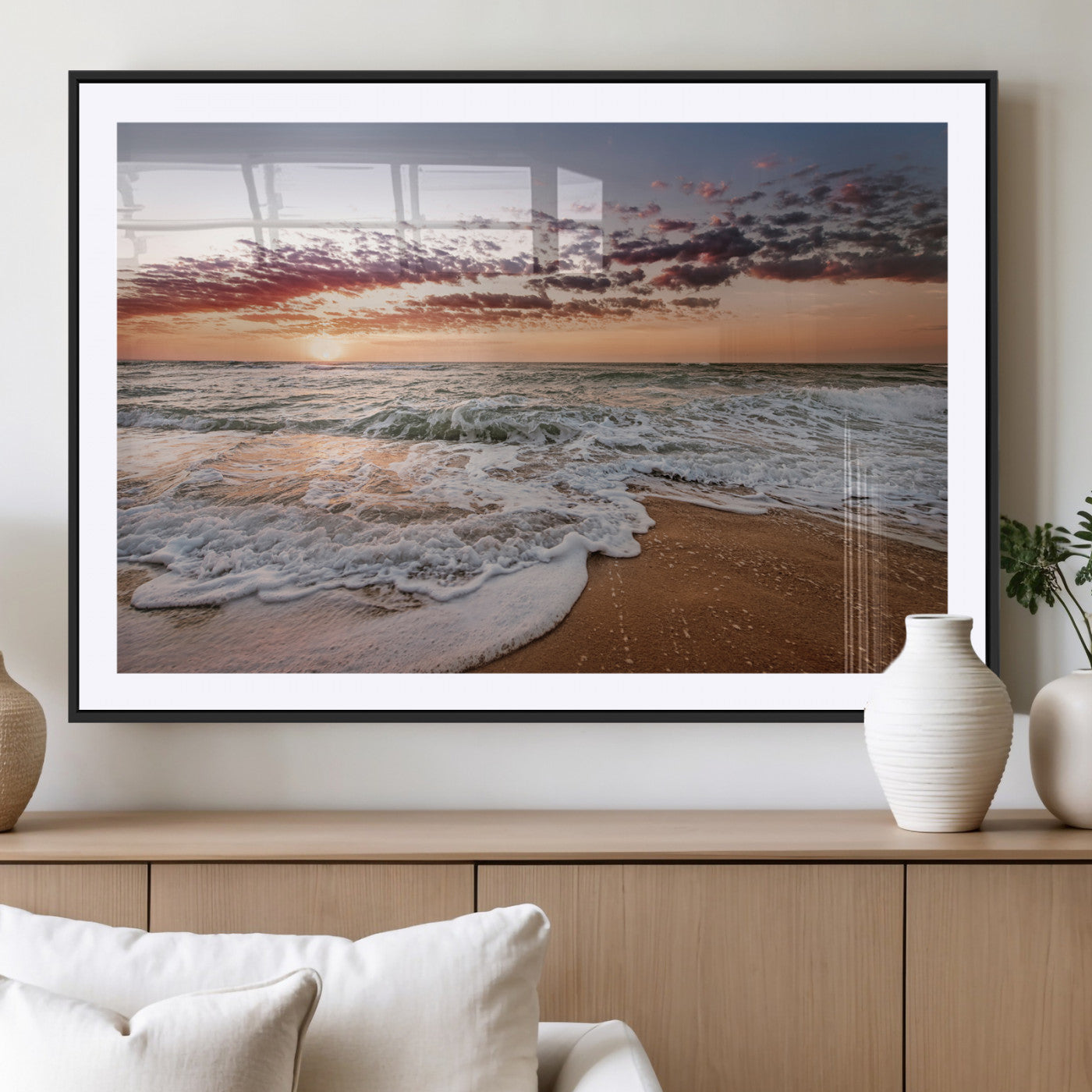 39846389-MGV-CV-36X24-Ocean Sunset Wall Art Canvas Print, Framed Sandy Shore Art Picture Print, Gentle Waves Perfect Minimalist Coastal Decor Artwork