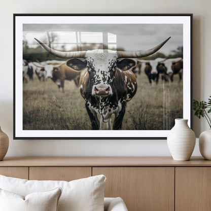 79025945-MGV-CV-36X24-Texas Longhorn Wall Art Canvas Print, Framed Speckled Cow Art Picture Print, Horned Cattle Perfect Rustic Western Decor Artwork