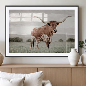 28309012-MGV-CV-36X24-Texas Longhorn Wall Art Canvas Print, Framed Spotted Cattle Art Picture Print, Horned Bull Perfect Rustic Western Decor Artwork