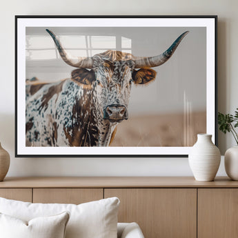 70414966-MGC-FP-36x24_Black-Texas Longhorn Wall Art Canvas Print, Framed Speckled Cow Art Picture Print, Horned Bull Perfect Rustic Western Decor Artwork