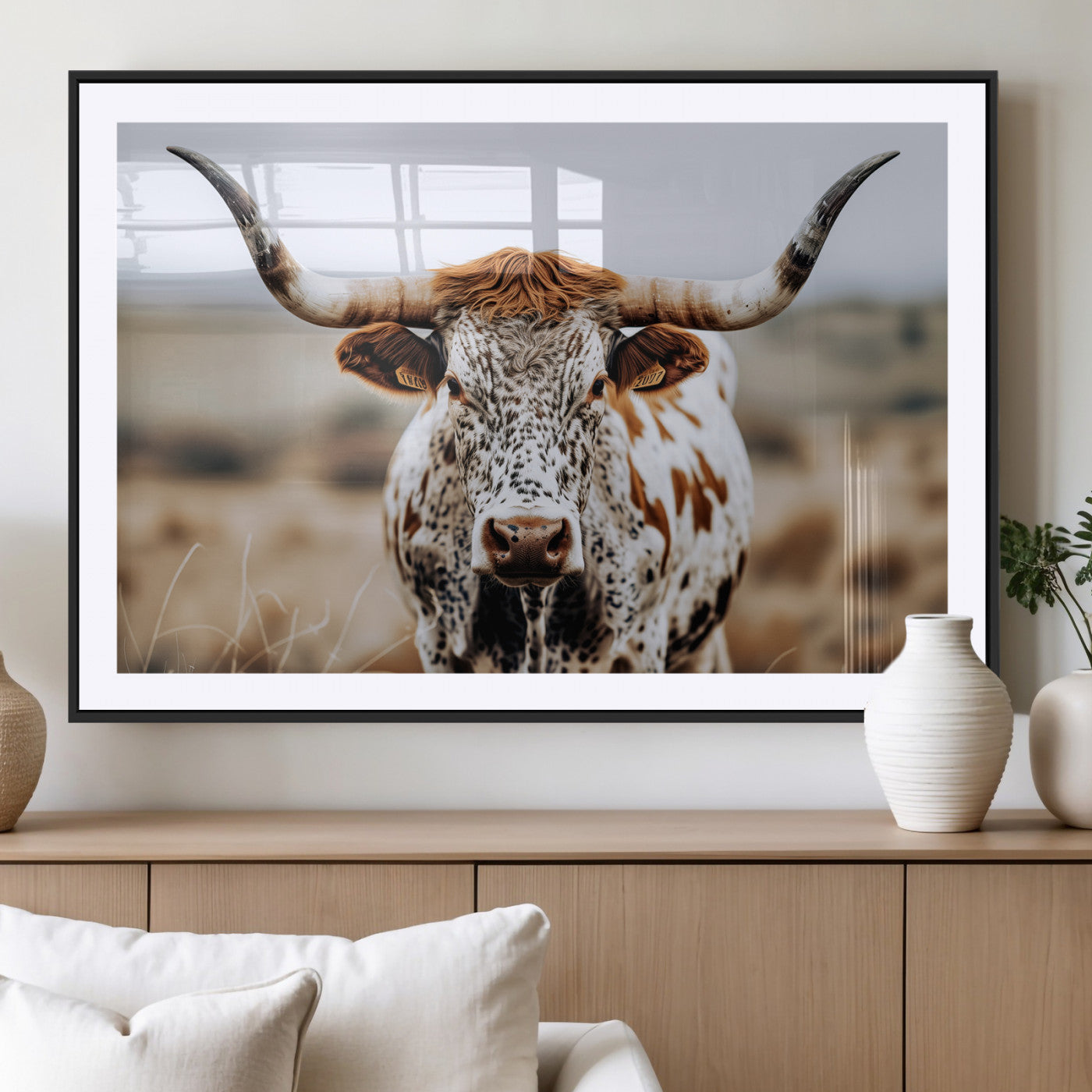 76294381-MGV-CV-36X24-Texas Longhorn Wall Art Canvas Print, Framed Spotted Cow Art Picture Print, Horned Cattle Perfect Rustic Western Decor Artwork