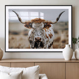76294381-MGV-CV-36X24-Texas Longhorn Wall Art Canvas Print, Framed Spotted Cow Art Picture Print, Horned Cattle Perfect Rustic Western Decor Artwork