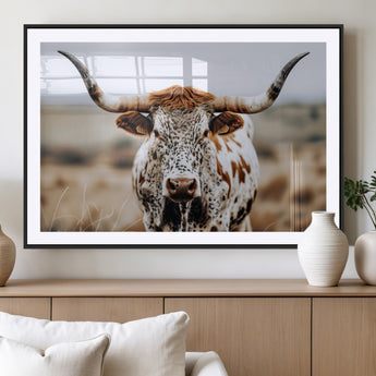 76294381-MGV-CV-36X24-Texas Longhorn Wall Art Canvas Print, Framed Spotted Cow Art Picture Print, Horned Cattle Perfect Rustic Western Decor Artwork