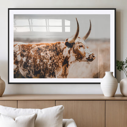 11528295-MGC-FP-36x24_Black-Speckled Longhorn Wall Art Canvas Print, Framed Texas Cattle Art Picture Print, Horned Cow Perfect Rustic Western Decor Artwork