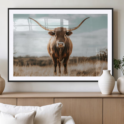 39350715-MGV-CV-36X24-Texas Longhorn Wall Art Canvas Print, Framed Longhorn Cow Art Picture Print, Western Cattle Perfect Rustic Western Decor Artwork