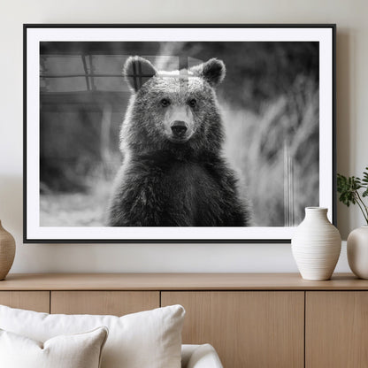 MGC-FP-36x24 - Grizzly Bear Wall Art Canvas Print, Framed Black White Bear Art Picture Print, Wild Bear Perfect Rustic Wildlife Decor Artwork