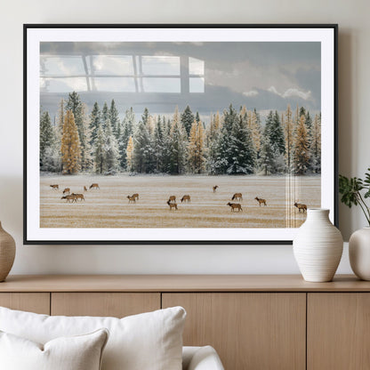 64188182-MGV-CV-36X24-Elk Herd Wall Art Canvas Print, Framed Snowy Forest Art Picture Print, Forest Elks Perfect Neutral Rustic Decor Artwork