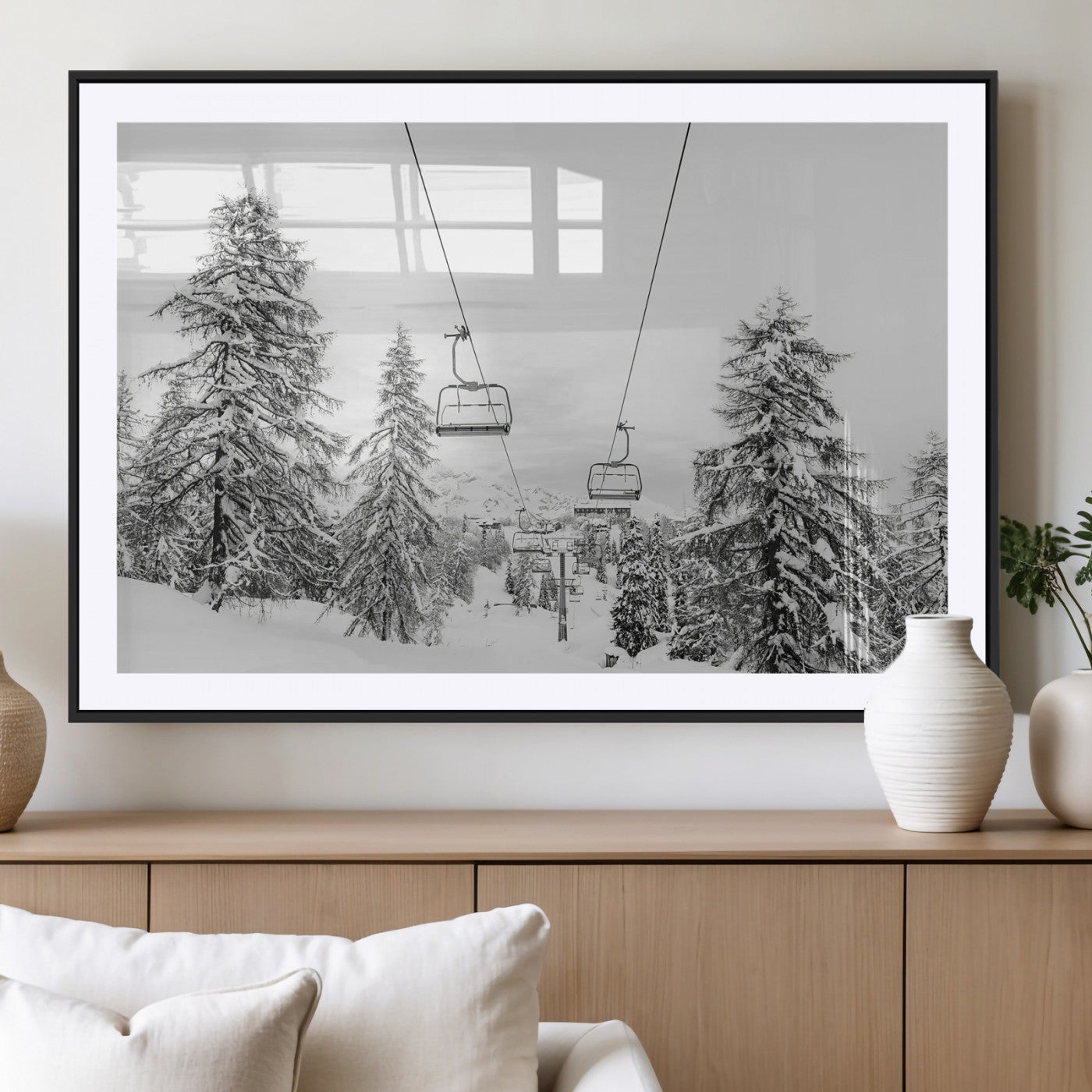 55003599-MGC-FP-36x24_Black-Snowy Ski Lift Wall Art Canvas Print, Framed Winter Forest Art Picture Print, Ski lift Ride Perfect Winter Lodge Decor Artwork