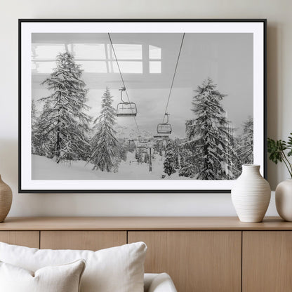 55003599-MGC-FP-36x24_Black-Snowy Ski Lift Wall Art Canvas Print, Framed Winter Forest Art Picture Print, Ski lift Ride Perfect Winter Lodge Decor Artwork