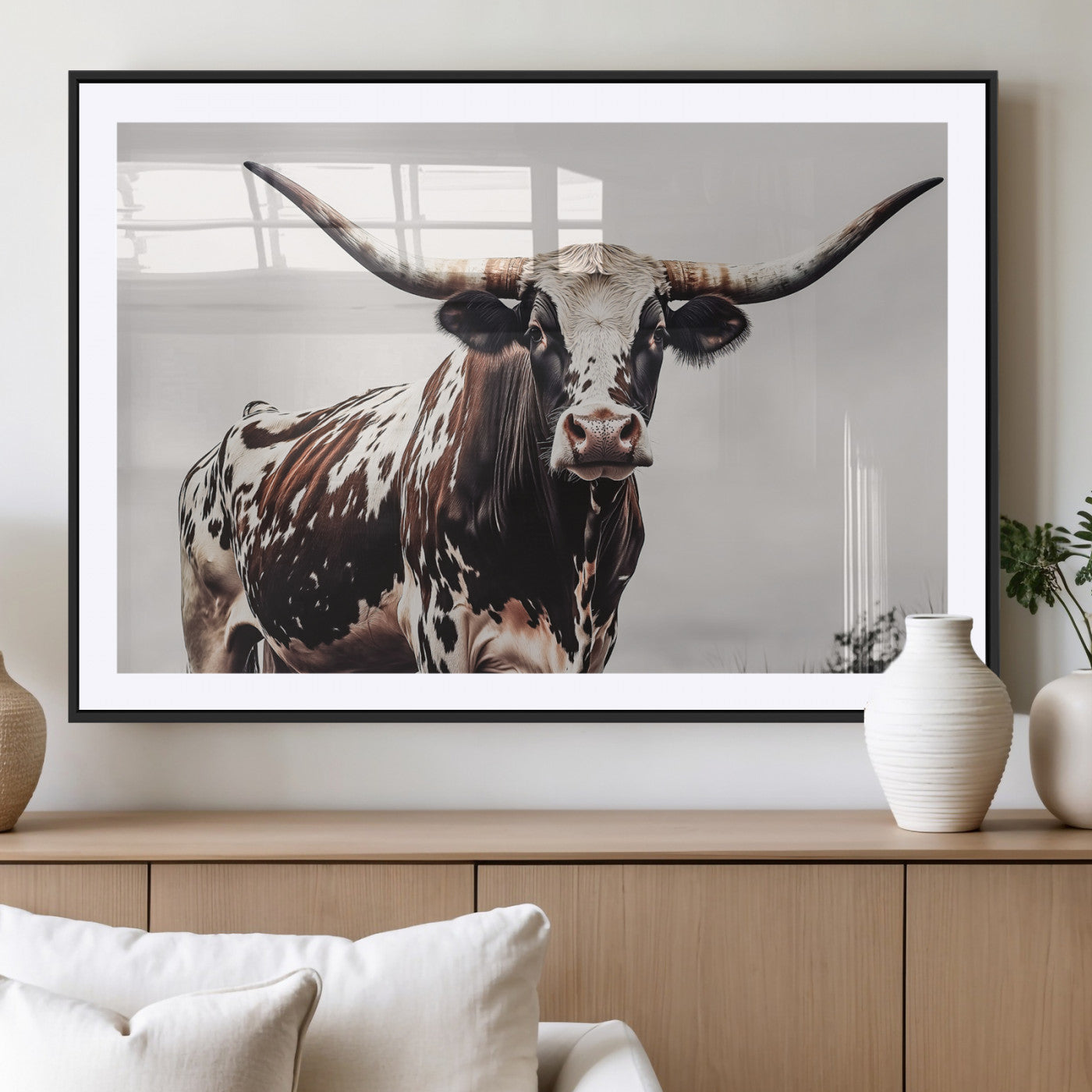 95249234-MGV-CV-36X24-Texas Longhorn Wall Art Canvas Print, Framed Spotted Bull Art Picture Print, Horned Cattle Perfect Rustic Farmhouse Decor Artwork