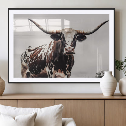 95249234-MGV-CV-36X24-Texas Longhorn Wall Art Canvas Print, Framed Spotted Bull Art Picture Print, Horned Cattle Perfect Rustic Farmhouse Decor Artwork