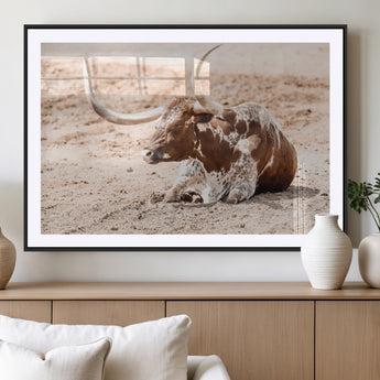 91248682-MGV-CV-36X24-Texas Longhorn Wall Art Canvas Print, Framed Resting Bull Art Picture Print, Spotted Cattle Perfect Rustic Western Decor Artwork