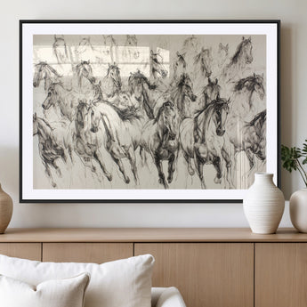 19433417-MGV-CV-36X24-Running Horses Wall Art Canvas Print, Framed Horse Sketch Art Picture Print, Galloping Herd Perfect Monochrome Western Decor