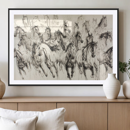 19433417-MGV-CV-36X24-Running Horses Wall Art Canvas Print, Framed Horse Sketch Art Picture Print, Galloping Herd Perfect Monochrome Western Decor