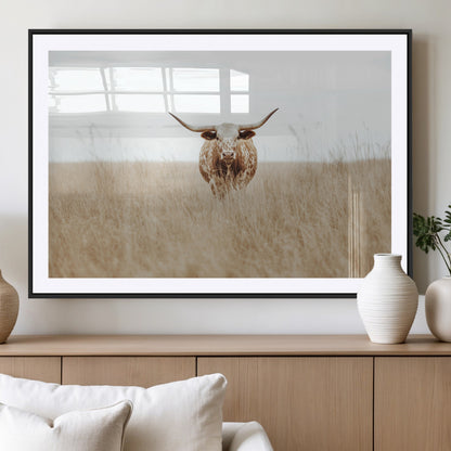 20927060-MGV-CV-36X24-Texas Longhorn Wall Art Canvas Print, Framed Lone Cattle Art Picture Print, Longhorn Bull Perfect Rustic Western Decor Artwork