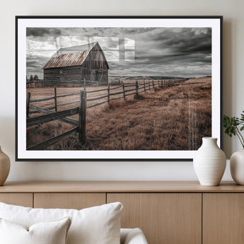 73898372-MGC-FP-36x24_Black-Rustic Barn Wall Art Canvas Print, Framed Moody Field Art Picture Print, Weathered Fence Perfect Moody Farmhouse Decor Artwork