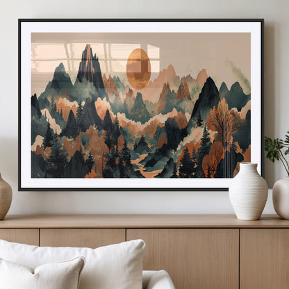 13012770-MGC-FP-36x24_Black-Mountain Landscape Wall Art – Modern Nature Canvas Print with Sun, Misty Peaks, and Forest in Orange and Green Tones for Living