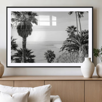 89458520-MGC-FP-36x24_Black-Palm Trees Wall Art Canvas Print, Framed Coastal View Art Picture Print, Ocean Horizon Perfect Monochrome Coast Decor Artwork