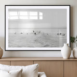33449548-MGV-CV-36X24-Group Surfers Wall Art Canvas Print, Framed Ocean Wave Art Picture Print, Surf Crowd Perfect Monochrome Surf Decor Artwork