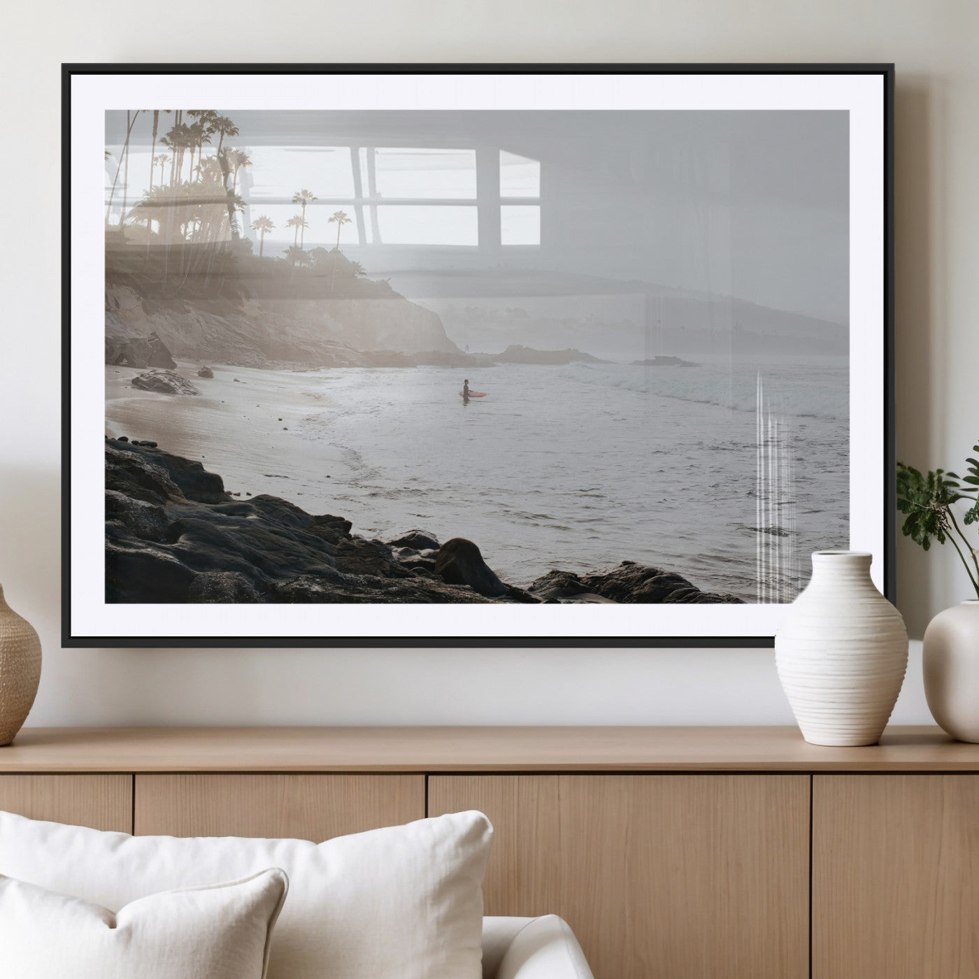 62501405-MGC-FP-36x24_Black-Misty Beach Wall Art Canvas Print, Framed California Surfer Art Picture Print, Coastal Cliff Perfect Coastal Beach Decor Artwork
