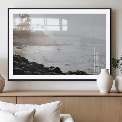 62501405-MGC-FP-36x24_Black-Misty Beach Wall Art Canvas Print, Framed California Surfer Art Picture Print, Coastal Cliff Perfect Coastal Beach Decor Artwork